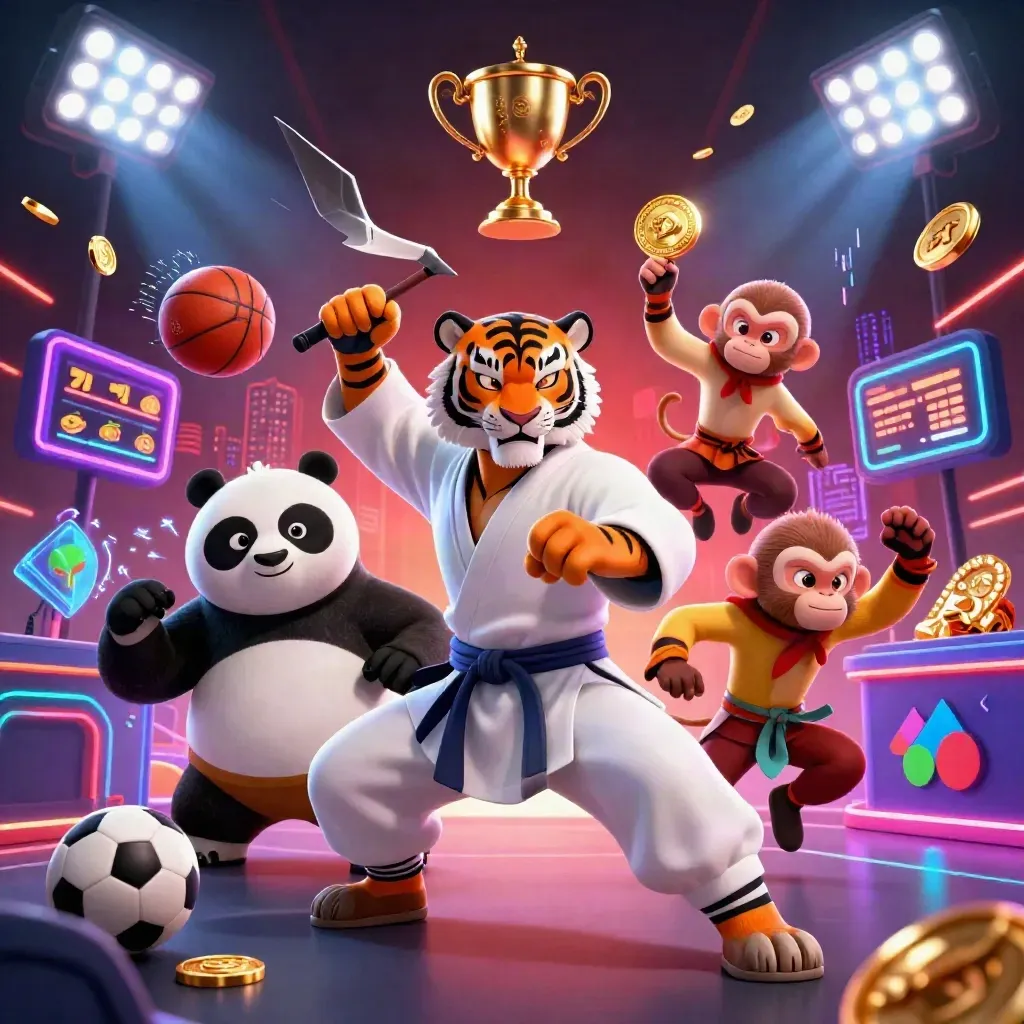 Kung-fu tiger, panda, and monkey amid sports balls, trophy, coins, neon energy, and casino reels