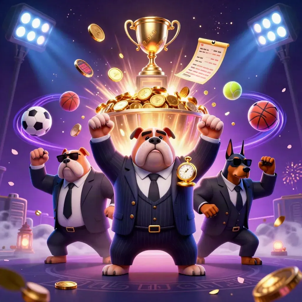 Mafia bulldog and Doberman bodyguards amid exploding treasure, sports balls, trophy and neon casino lights
