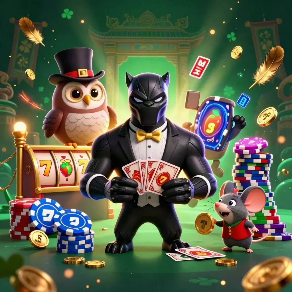Panther, owl, and mouse casino heroes amid chips, gold, reels, and neon arena light