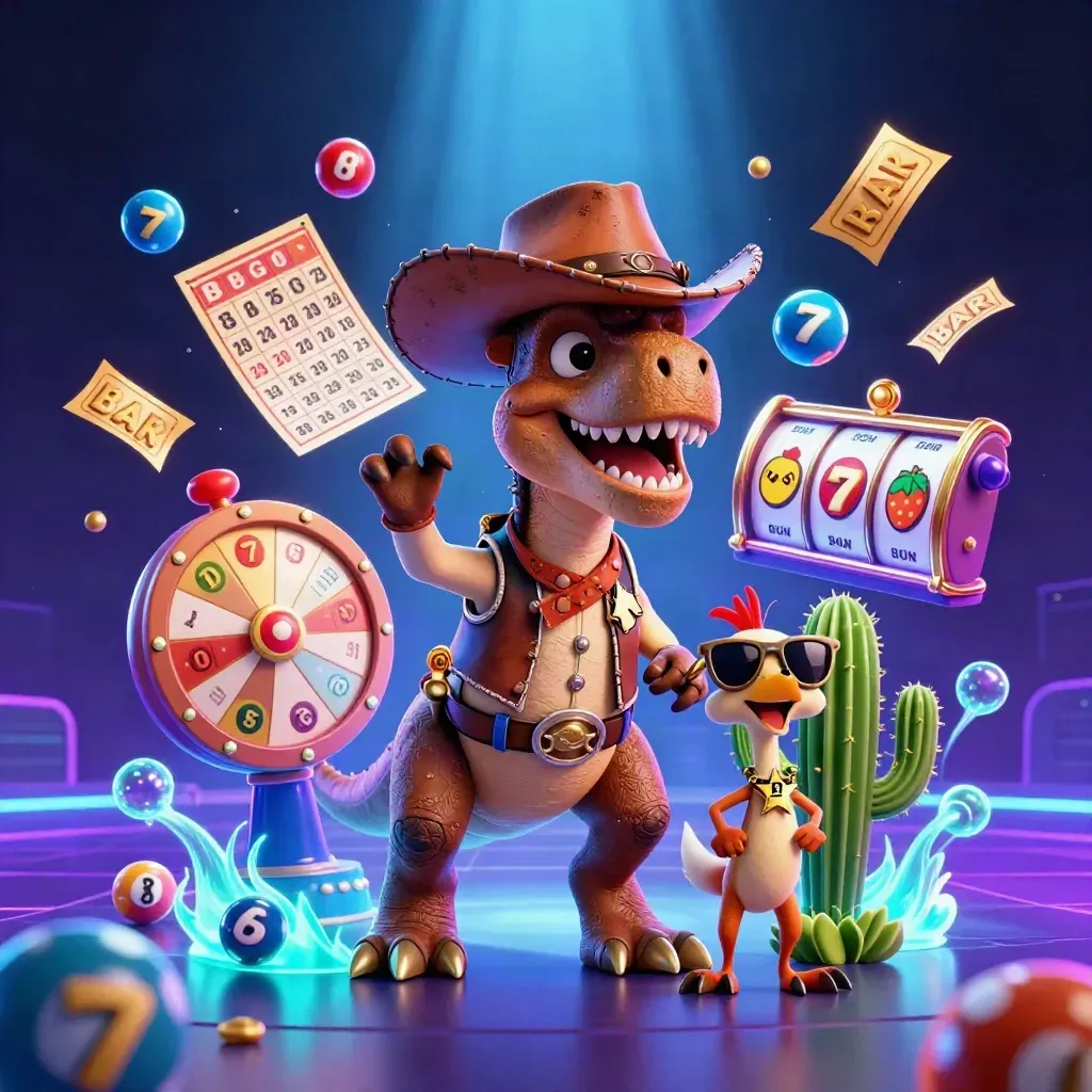 Cartoon cowboy T-Rex, cactus and roadrunner amid casino reels, balls, wheel, and neon glow.